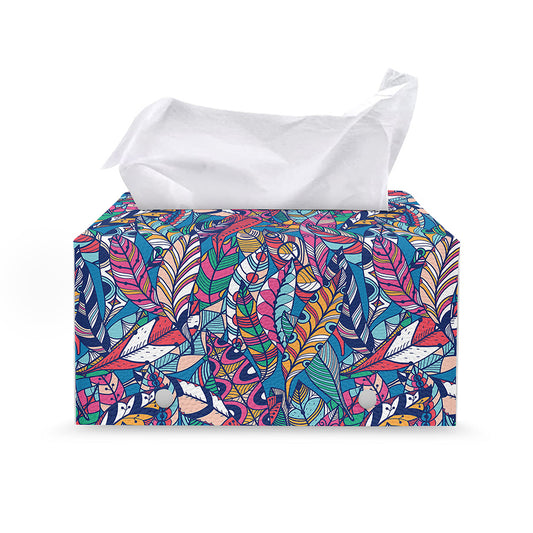 Boho Feather Pattern Print Leather Tissue Box Cover