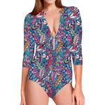 Boho Feather Pattern Print Long Sleeve Swimsuit