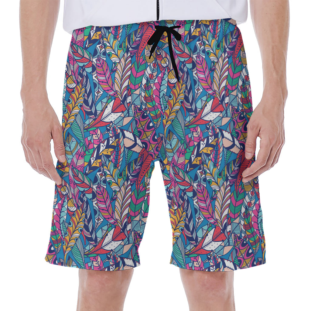 Boho Feather Pattern Print Men's Beach Shorts