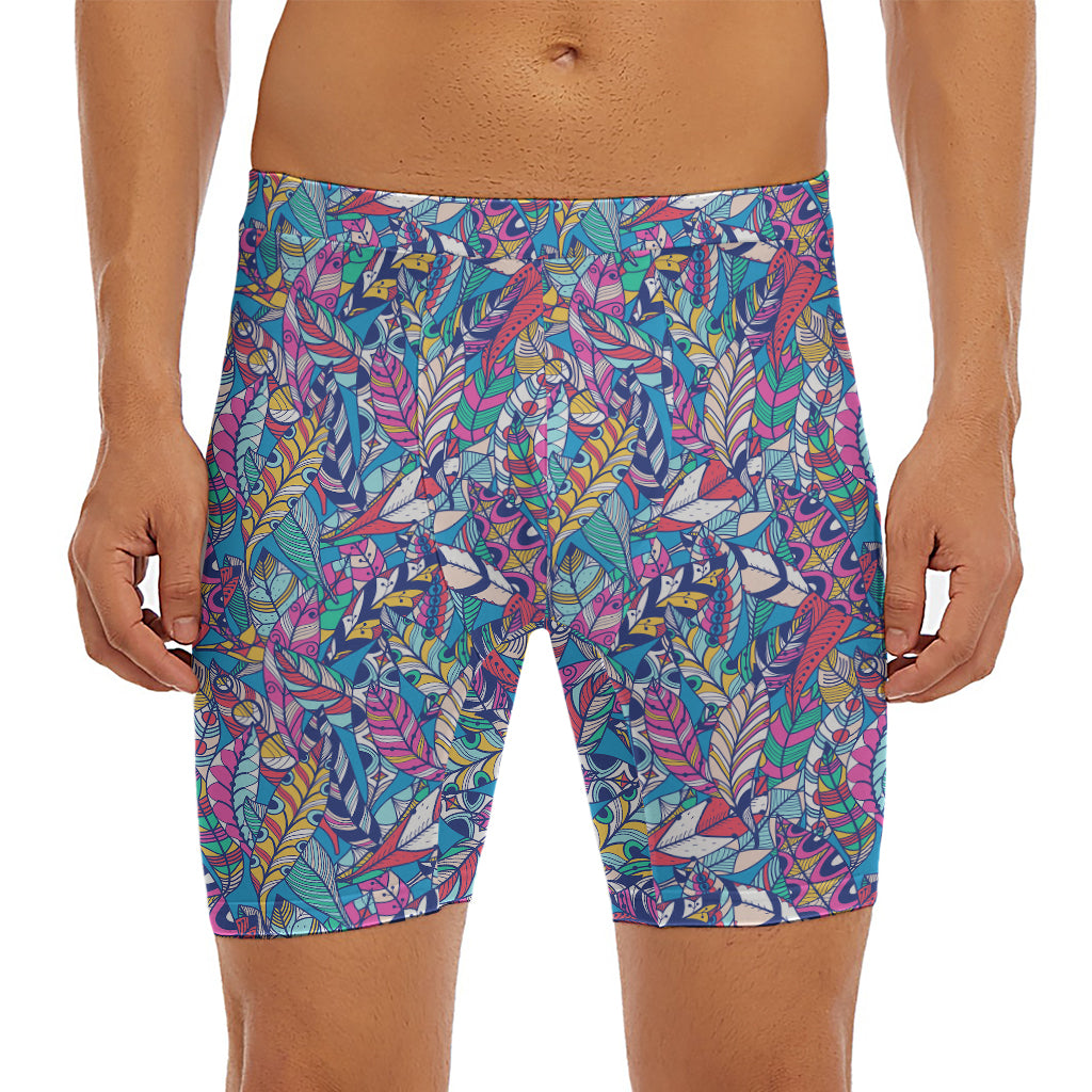 Boho Feather Pattern Print Men's Long Boxer Briefs