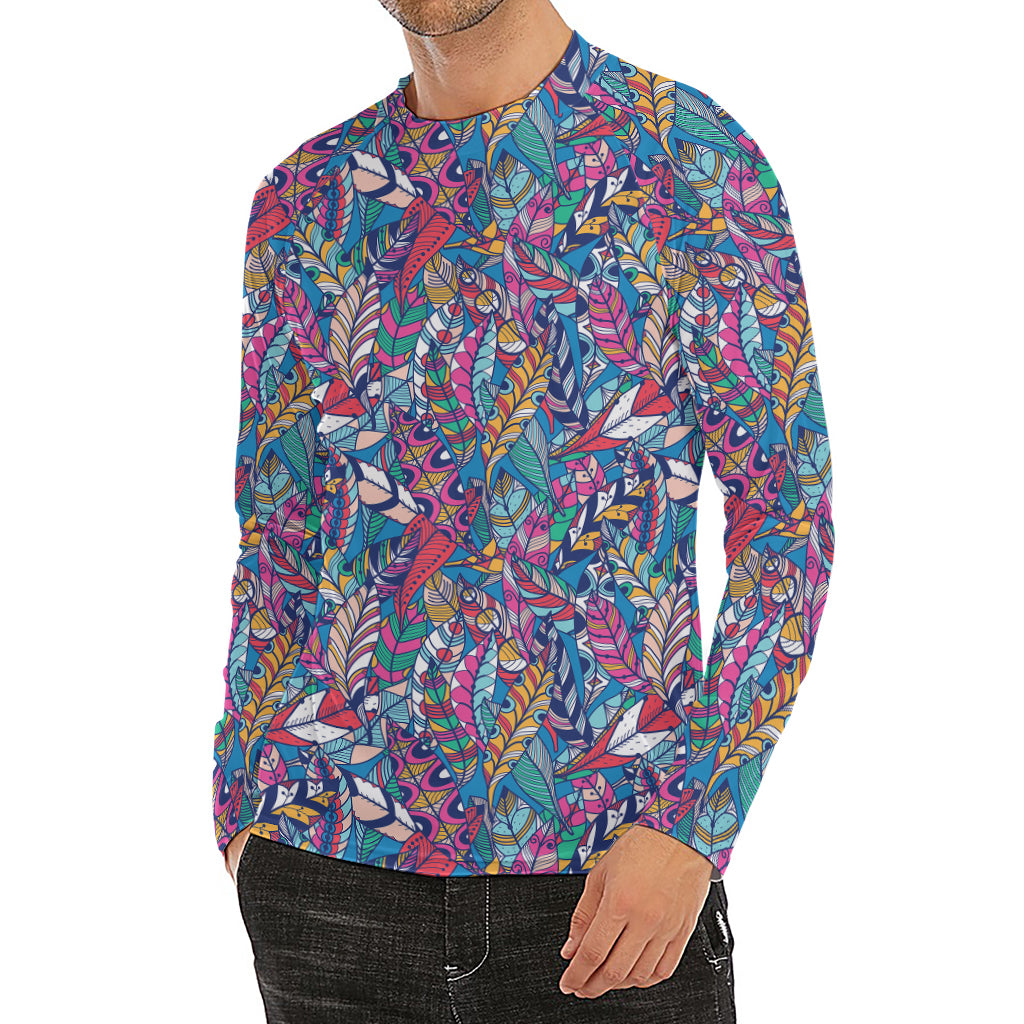 Boho Feather Pattern Print Men's Long Sleeve Rash Guard