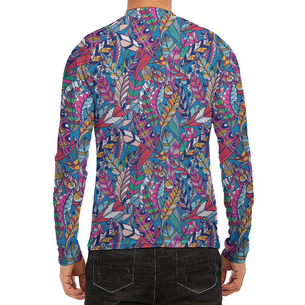 Boho Feather Pattern Print Men's Long Sleeve Rash Guard