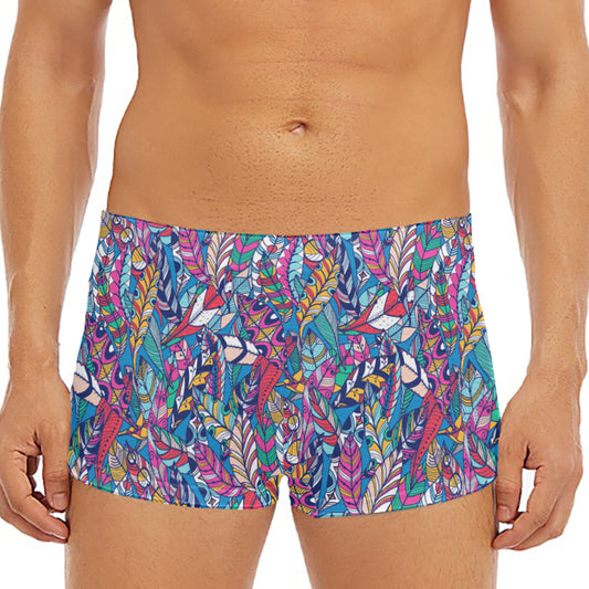 Boho Feather Pattern Print Men's Short Boxer Briefs