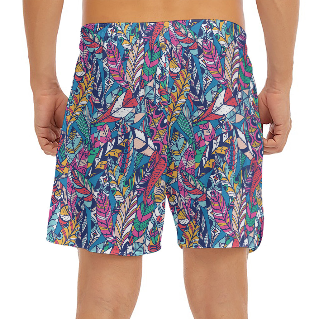 Boho Feather Pattern Print Men's Split Running Shorts