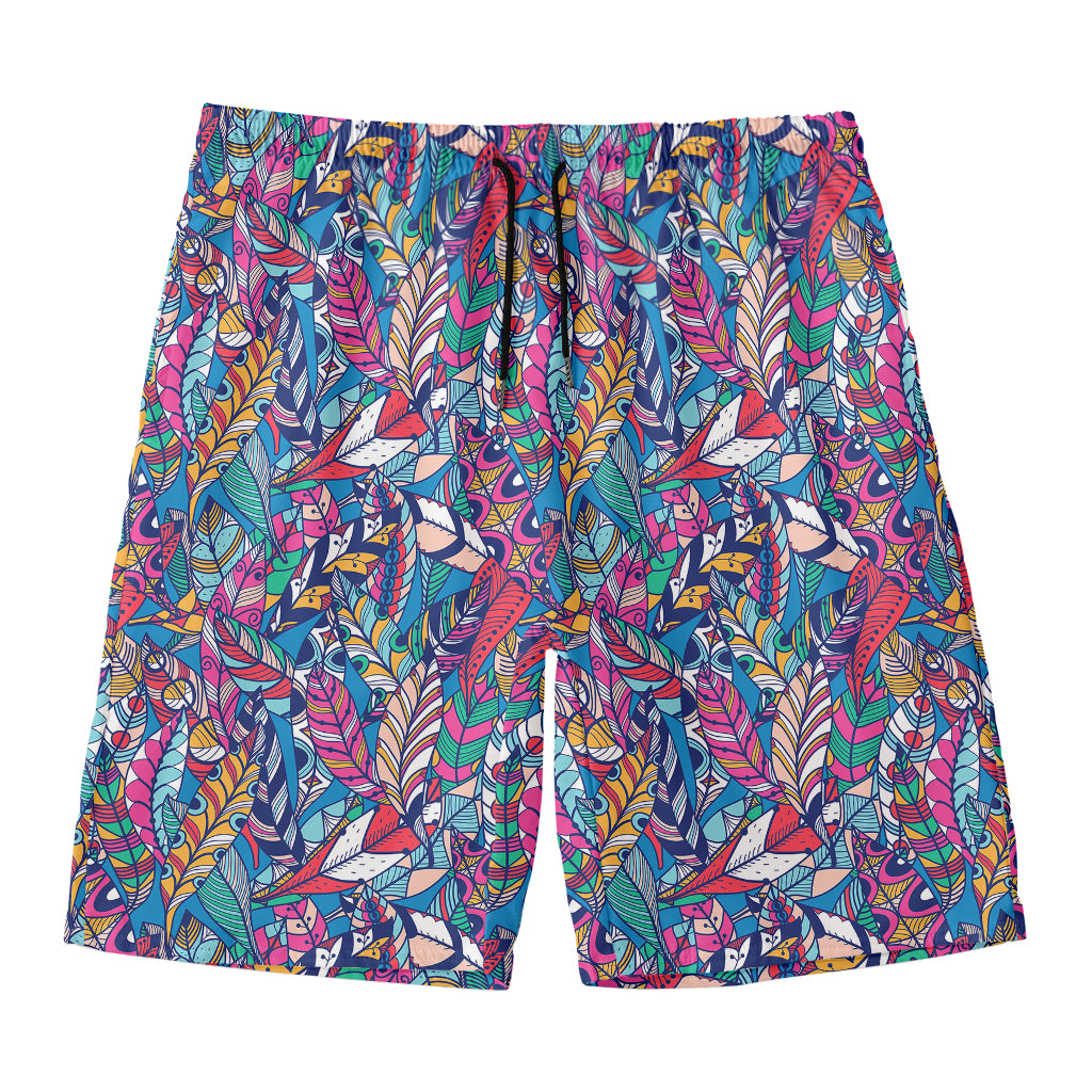 Boho Feather Pattern Print Men's Swim Trunks