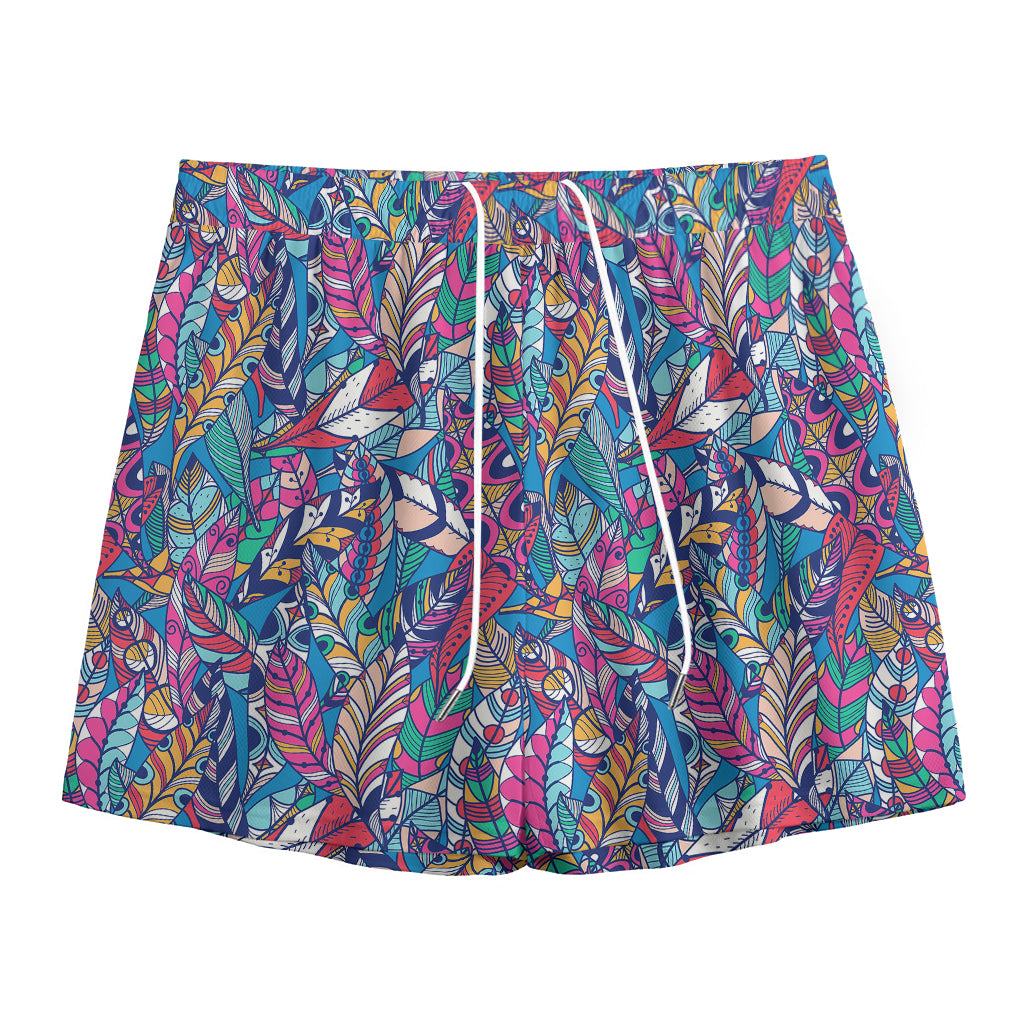 Boho Feather Pattern Print Mesh Shorts