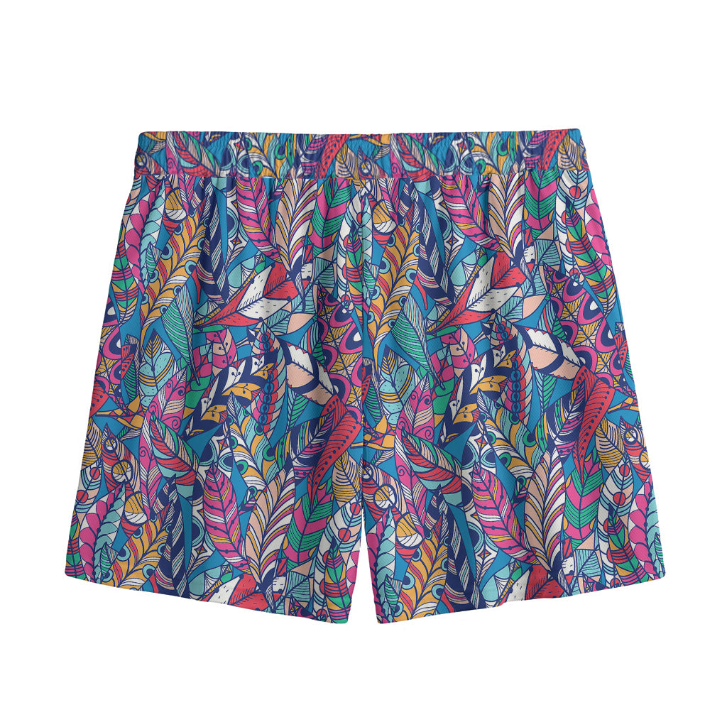 Boho Feather Pattern Print Mesh Shorts