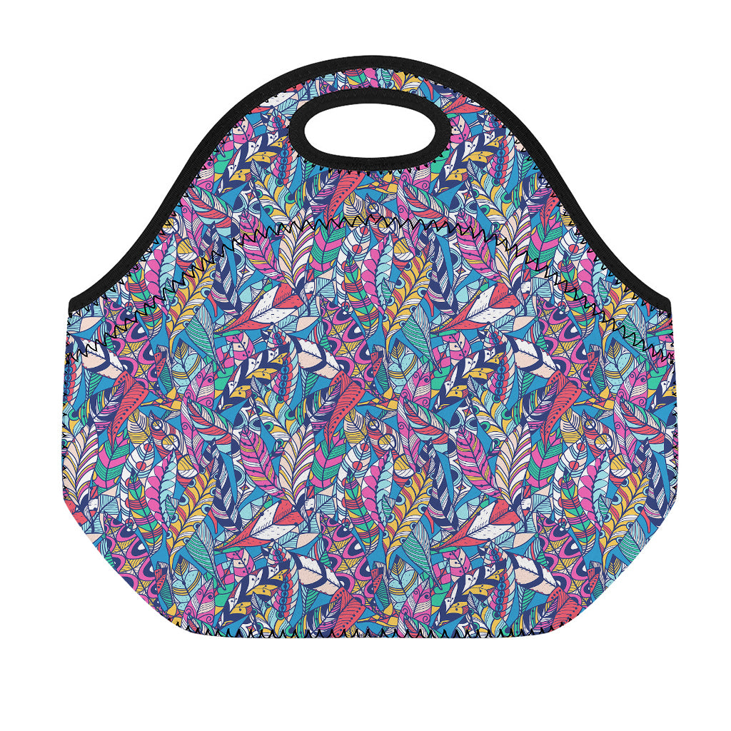 Boho Feather Pattern Print Neoprene Lunch Bag