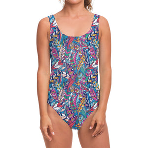 Boho Feather Pattern Print One Piece Swimsuit