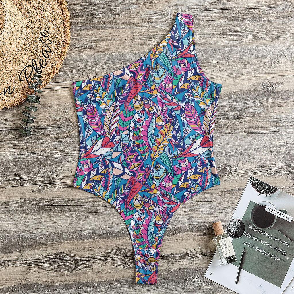 Boho Feather Pattern Print One Shoulder Bodysuit