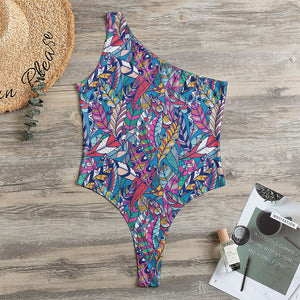 Boho Feather Pattern Print One Shoulder Bodysuit