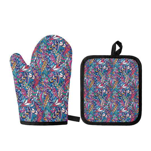 Boho Feather Pattern Print Oven Mitt And Pot Holder Set