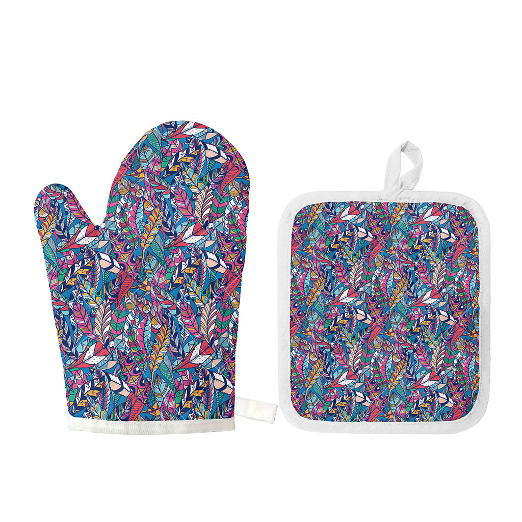 Boho Feather Pattern Print Oven Mitt And Pot Holder Set