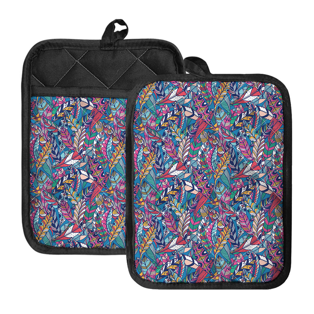 Boho Feather Pattern Print Pot Holders With Pocket