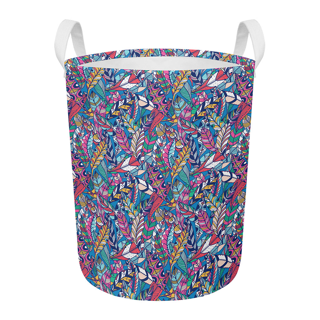 Boho Feather Pattern Print Round Laundry Basket