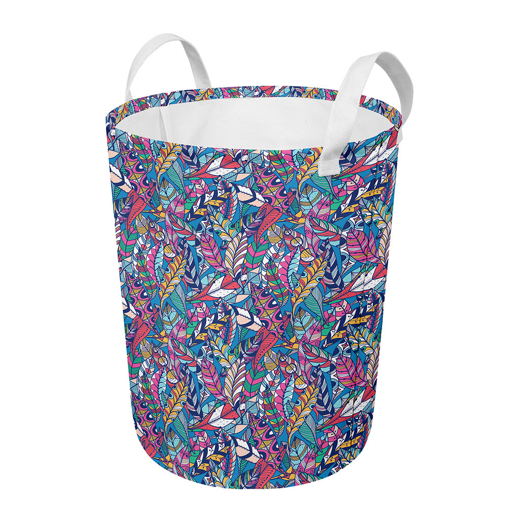 Boho Feather Pattern Print Round Laundry Basket