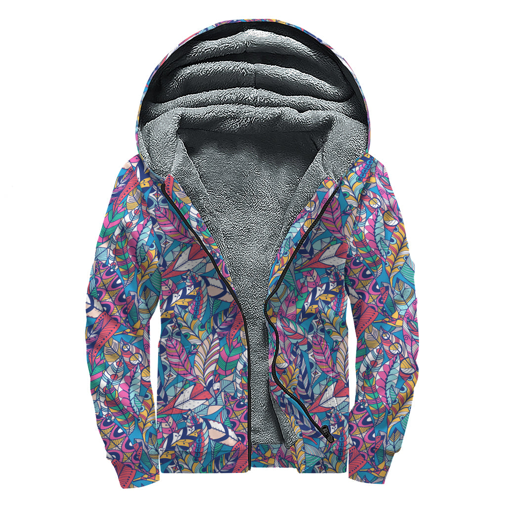 Boho Feather Pattern Print Sherpa Lined Zip Up Hoodie