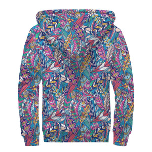 Boho Feather Pattern Print Sherpa Lined Zip Up Hoodie