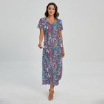 Boho Feather Pattern Print Short Sleeve Maxi Dress