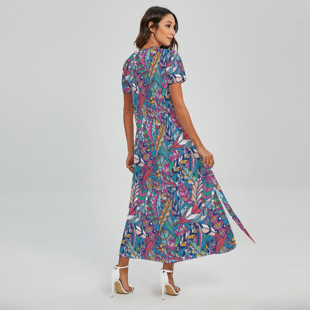 Boho Feather Pattern Print Short Sleeve Maxi Dress