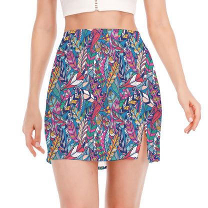 Boho Feather Pattern Print Side Slit Mini Skirt