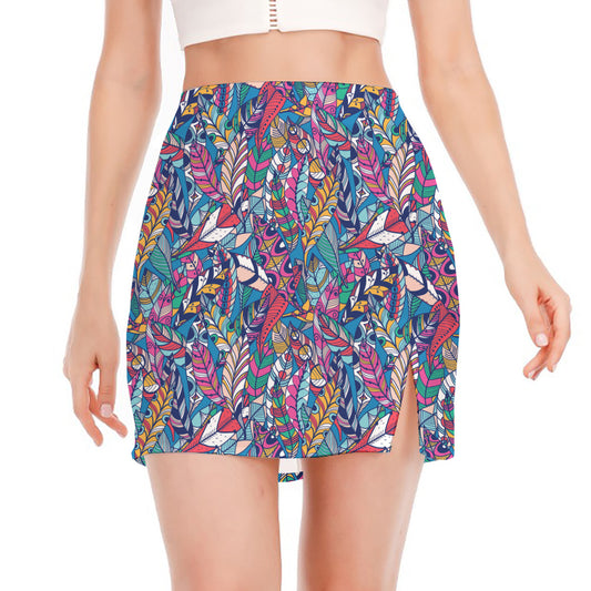 Boho Feather Pattern Print Side Slit Mini Skirt