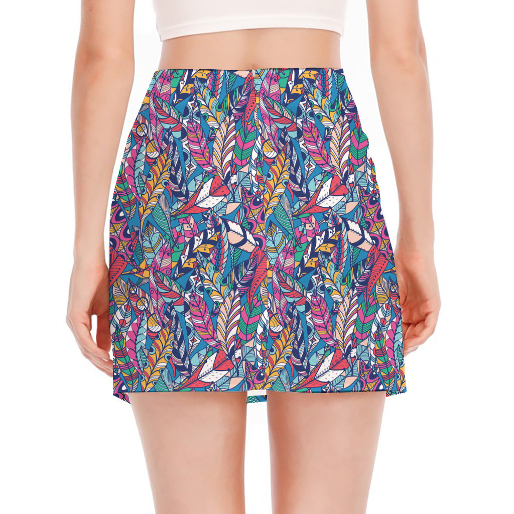 Boho Feather Pattern Print Side Slit Mini Skirt