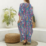 Boho Feather Pattern Print Silk V-Neck Kaftan Dress