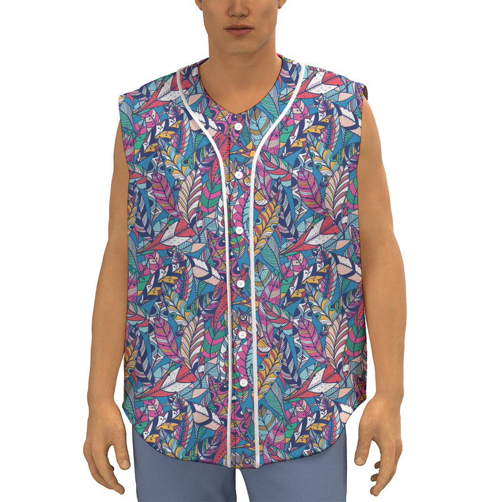 Boho Feather Pattern Print Sleeveless Baseball Jersey