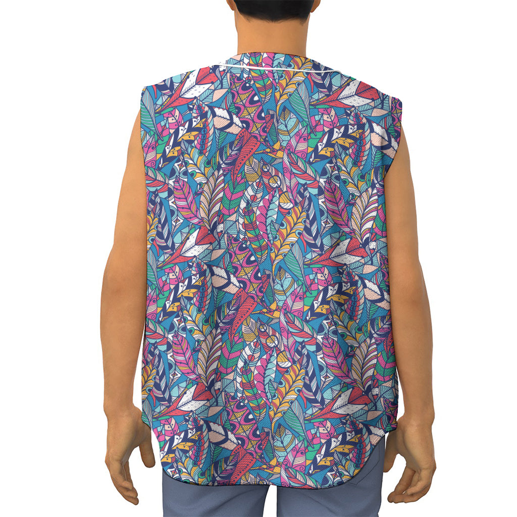 Boho Feather Pattern Print Sleeveless Baseball Jersey