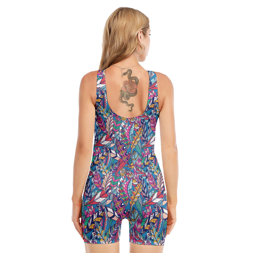 Boho Feather Pattern Print Sleeveless One Piece Swimsuit