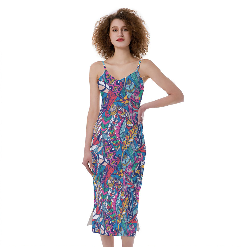 Boho Feather Pattern Print Slim Fit Midi Cami Dress