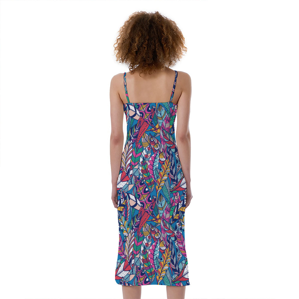 Boho Feather Pattern Print Slim Fit Midi Cami Dress