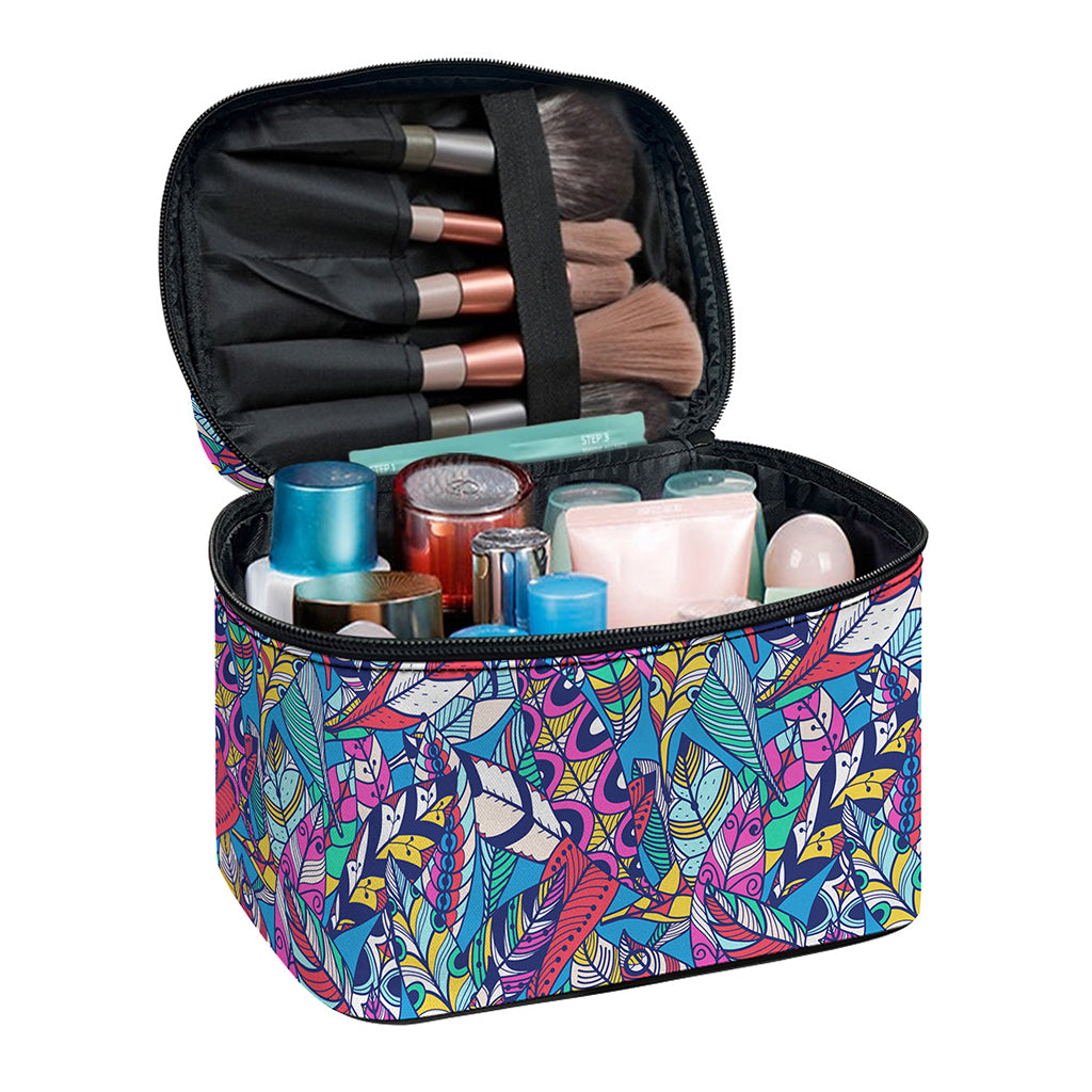 Boho Feather Pattern Print Travel Makeup Bag