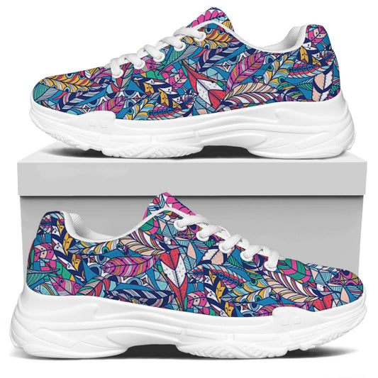 Boho Feather Pattern Print White Chunky Shoes