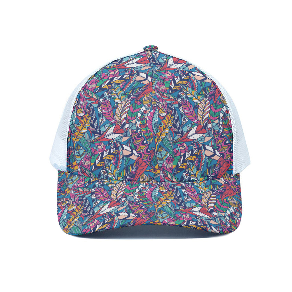 Boho Feather Pattern Print White Mesh Trucker Cap