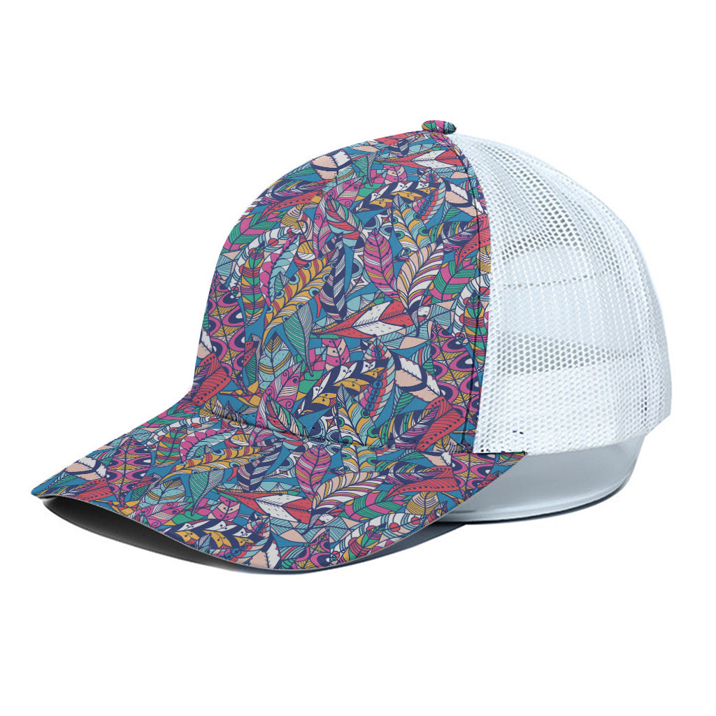 Boho Feather Pattern Print White Mesh Trucker Cap