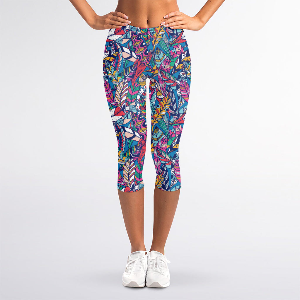 Boho Feather Pattern Print Women's Capri Leggings