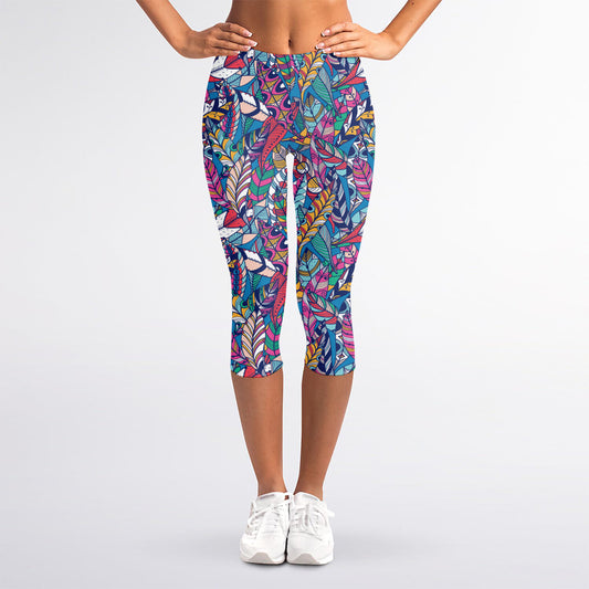 Boho Feather Pattern Print Women's Capri Leggings