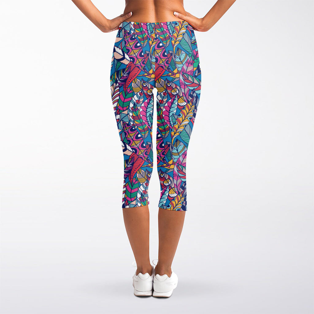 Boho Feather Pattern Print Women's Capri Leggings