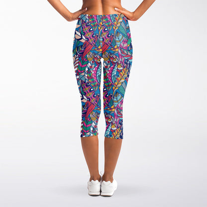 Boho Feather Pattern Print Women's Capri Leggings