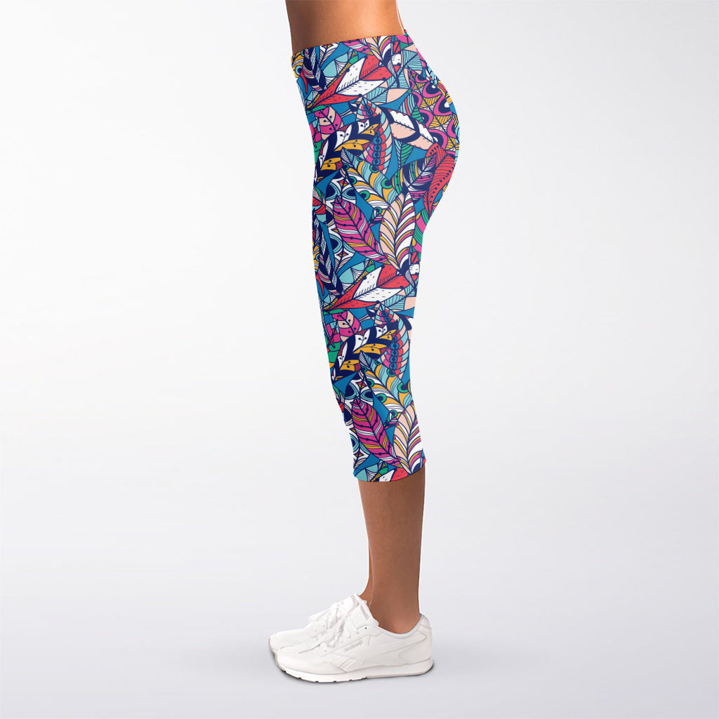 Boho Feather Pattern Print Women's Capri Leggings