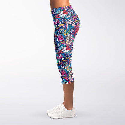 Boho Feather Pattern Print Women's Capri Leggings