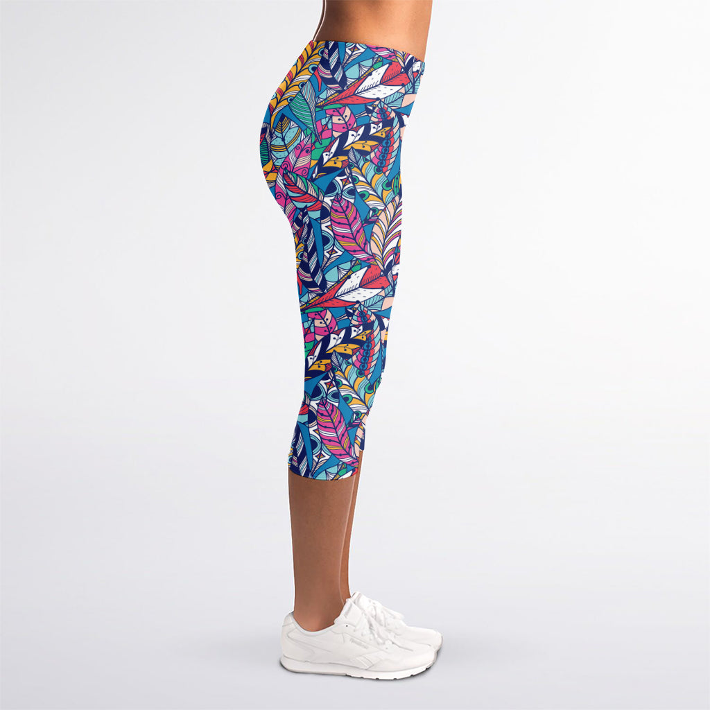 Boho Feather Pattern Print Women's Capri Leggings