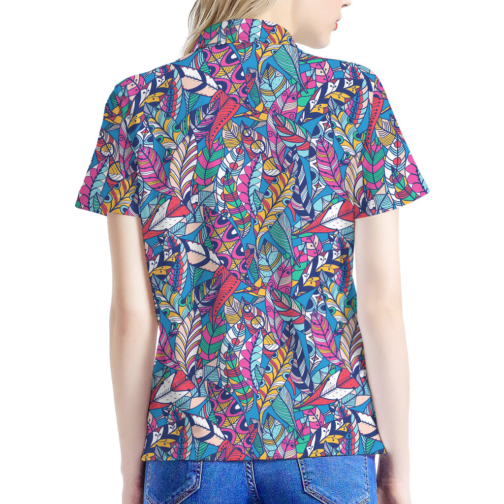 Boho Feather Pattern Print Women's Polo Shirt