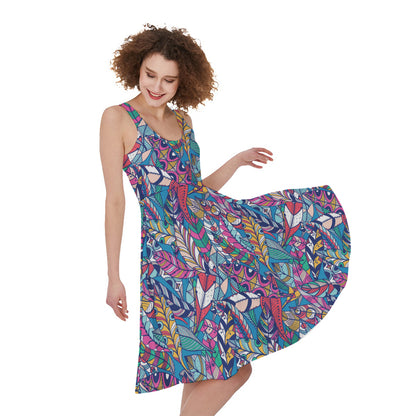 Boho Feather Pattern Print Women's Sleeveless Dress
