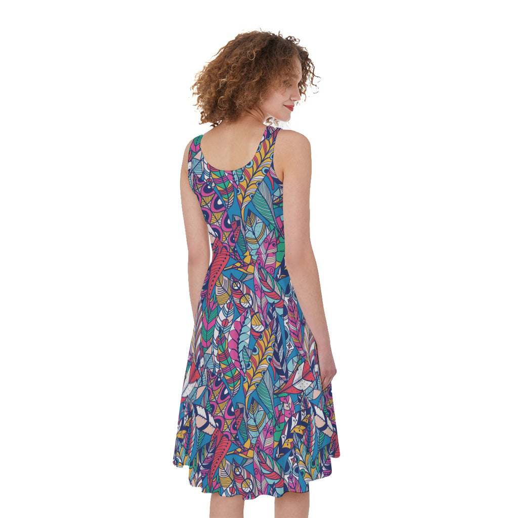 Boho Feather Pattern Print Women's Sleeveless Dress