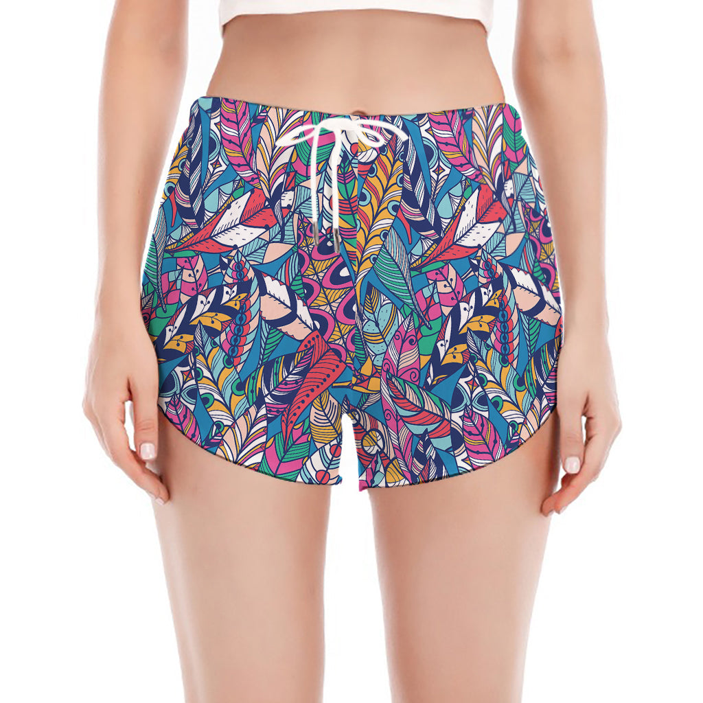 Boho Feather Pattern Print Women's Split Running Shorts