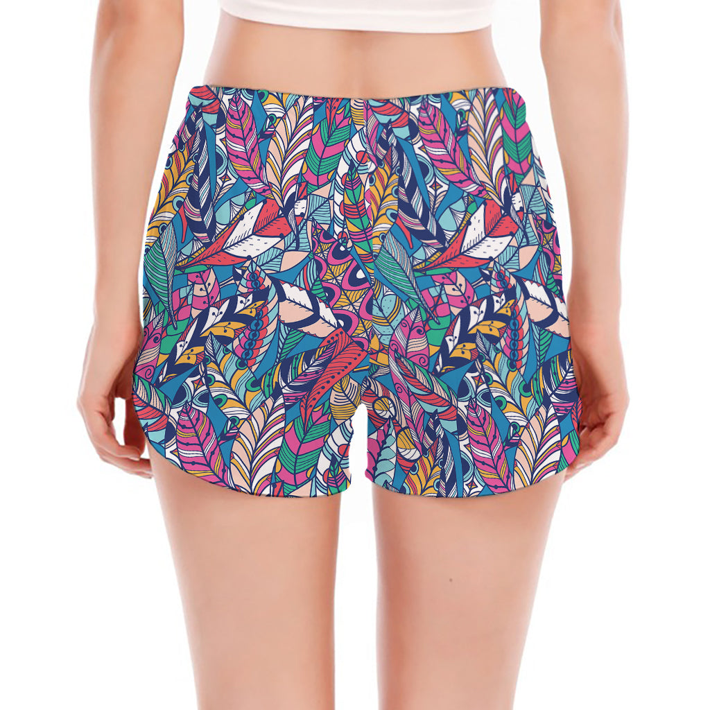 Boho Feather Pattern Print Women's Split Running Shorts