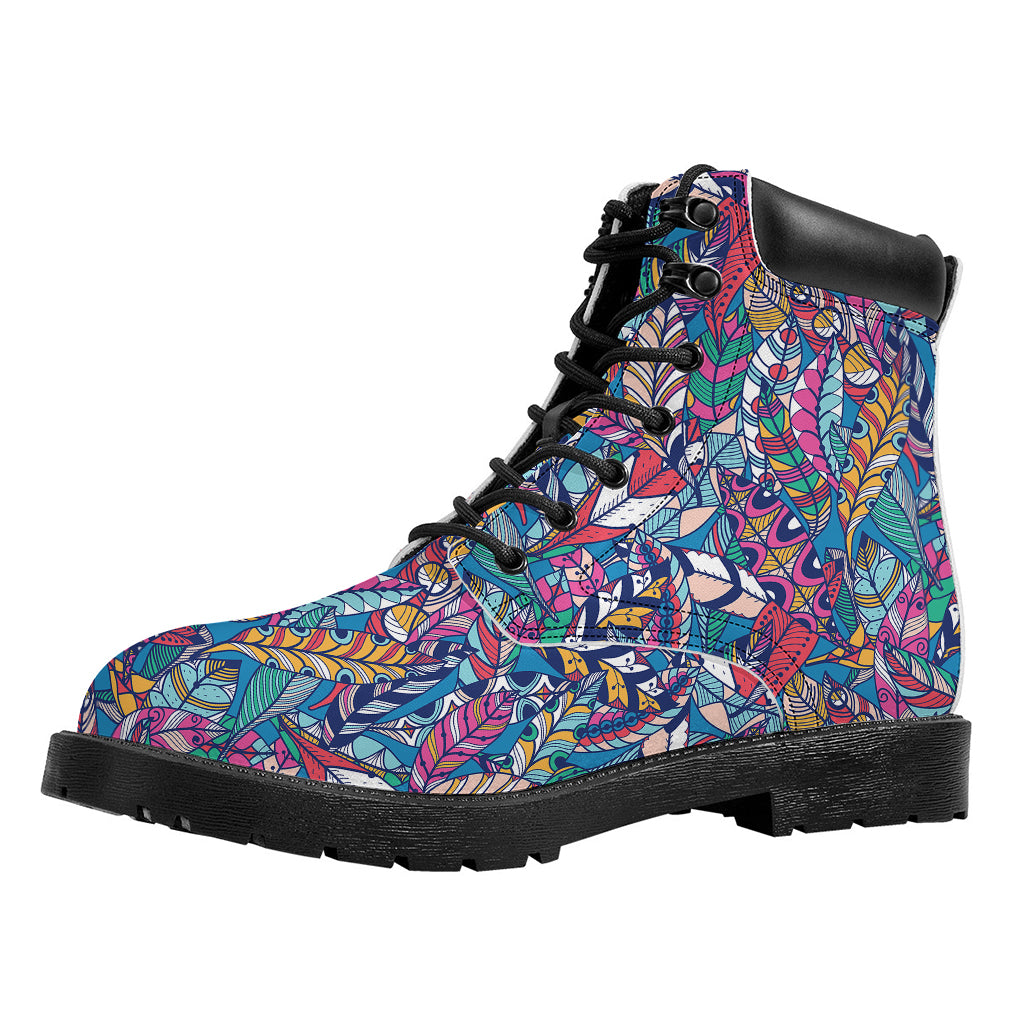 Boho Feather Pattern Print Work Boots